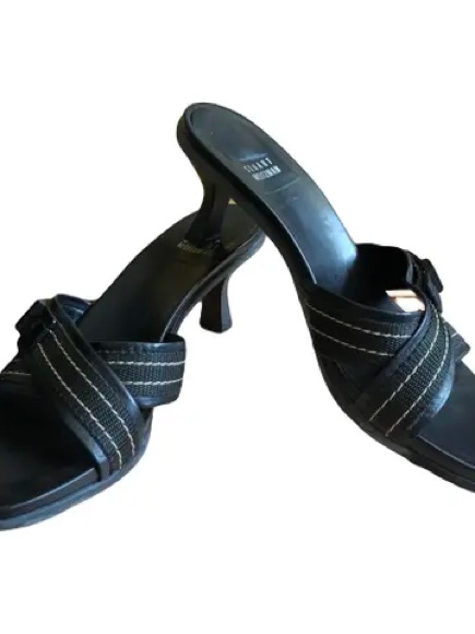90s Vintage Stuart Weitzman Black Leather Open Toe Kitten Heels